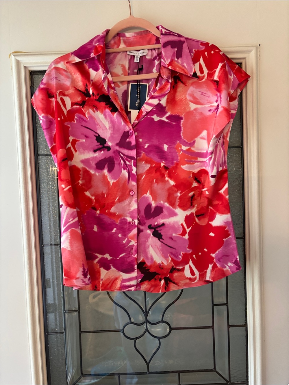 Madison d’ Amelie Pink Red & Purple Floral Cap-Sleeve Button-Front Blouse